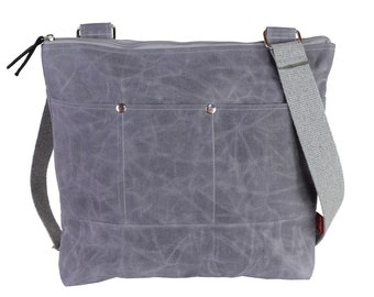 Waxed Canvas Crossbody Tote Bag Gray Zipper Handmade Minimalist Unisex Shoulder Messenger Weekender Travel Gift for Men Women Laptop Work