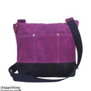 Waxed Crossbody Tote Bag for Women and Men Long Strap Shoulder Travel Bag Multiple Pocket Bag Top Zippered Closure Cute Tote Purple Blue