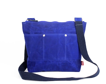 Waxed Canvas Tote Bag Unisex Crossbody Strap Casual Handmade Gift for Mom Multi-Pockets Bag Everyday Shoulder Bag Laptop Daily Blue Purse