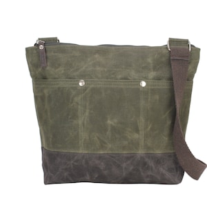 Waxed Canvas Tote Bag Two Tone Olive Crossbody Purse Medium Zipper Cotton Webbing Strap Minimalist Handmade Water Resistant Unisex Gift