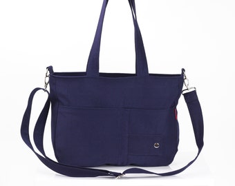 Shoulder Canvas Bag Crossbody Long Adjustable Strap Medium Size Handmade Tote Fully Lined Multi Pockets Bag Messenger Everyday Bag Navy Blue