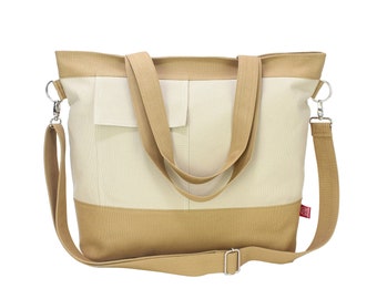 Canvas Shoulder Two-Tone Tote Bag, Crossbody Tote Bag, Large Tote Bag, Top Zip Closure, Messenger Bag, Asymmetrical Front Pocket, Minimalist