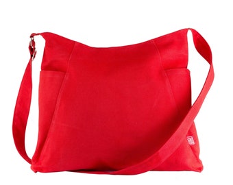 Red Canvas Crossbody Hobo Bag, Large Side Pockets, Long Adjustable Strap, Zipper Closure, Cute Messenger Bag, Fully Lined Washable Handbag