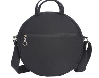 Round Bag Crossbody Black Bag Women Circle Canvas Cotton Medium Mini Size Zipper Pocket Vegan Washable Purse Long Adjustable Strap Handbag
