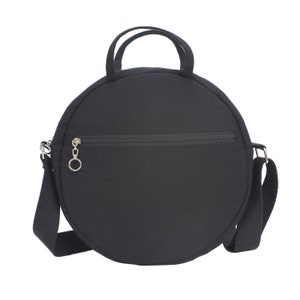 Runde Tasche Crossbody Schwarz Tasche Frauen Kreis Canvas Baumwolle Medium Mini Größe Reißverschluss Tasche Vegan waschbar Geldbörse lange verstellbare Riemen Handtasche