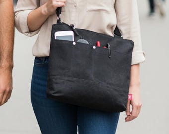 Zwarte gewaxte canvas crossbodytas voor dames en heren draagtas met rits en meerdere vakken Robuuste draagtas Unisex dagelijkse tas gewaxte schoudertas
