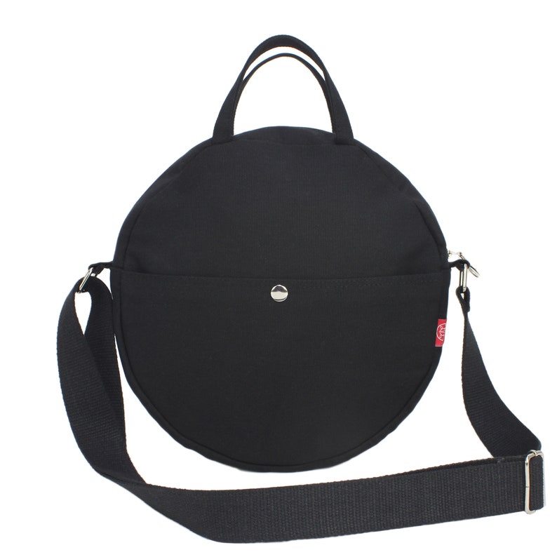 Round Bag Crossbody Black Bag Women Circle Canvas Cotton Medium Mini Size Zipper Pocket Vegan Washable Purse Long Adjustable Strap Handbag