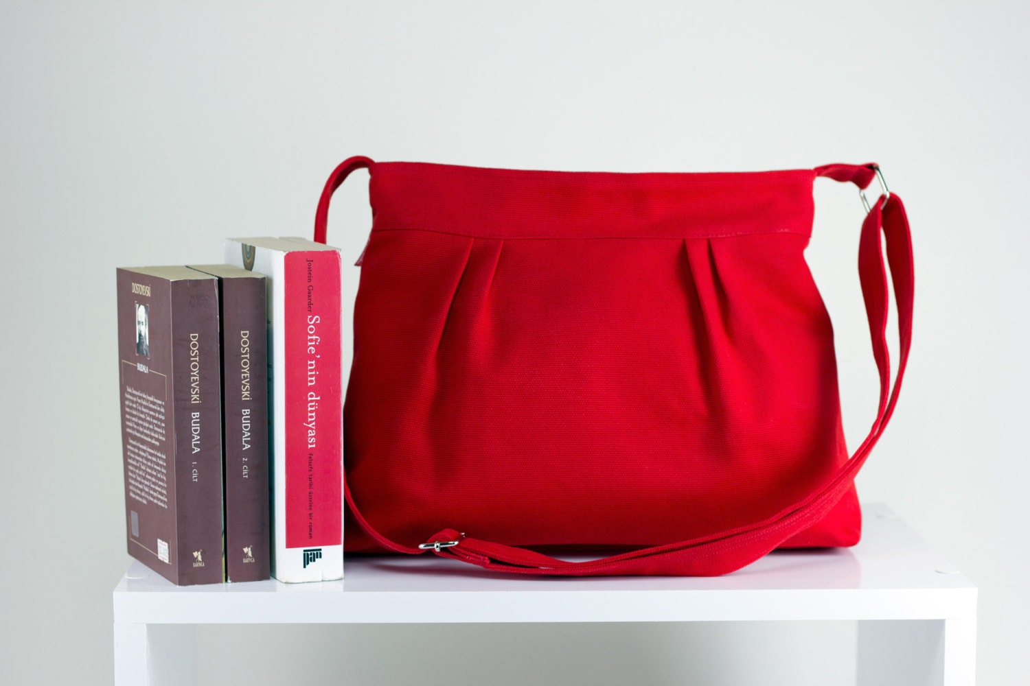 Red Purse Small Bag Pleated Bag Zipper Closed Canvas Shoulder Etsy