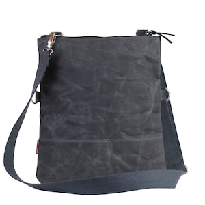 Sac en toile cirée gris foncé, fourre-tout à bandoulière, sac fourre-tout ciré à rabat, sac à main minimaliste, petit sac, sac à fermeture éclair sur le dessus, fourre-tout doublé en coton