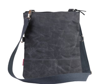 Dark Gray Waxed Canvas Bag, Crossbody Shoulder Tote, Waxed Foldover Tote Bag, Minimalist Purse, Small Bag, Top Zipper Bag, Cotton Lined Tote