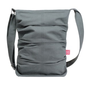 Small Canvas Tote Gray Pleated Bag Crossbody Tote Bag Washable Fully Lined Zipper Closure Book Tablet Phone Bag Eco-Friendly Cotton Vegan