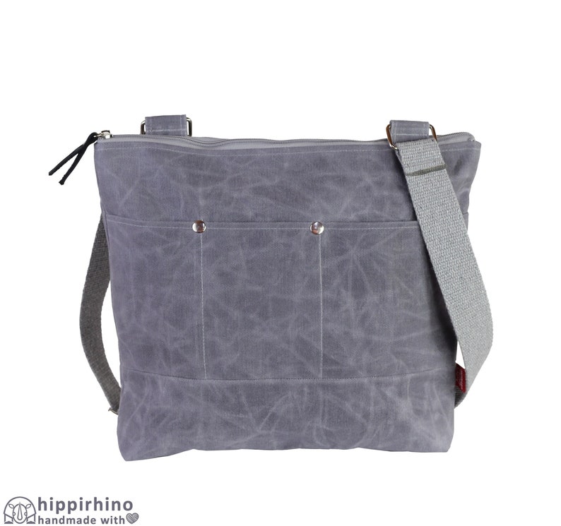 Hand Waxed Crossbody Tote Bag Casual Handmade Gift Shoulder Bag Gray Top Zipper Closure Minimalist Unisex Bag Wax Cotton Canvas Weekend Bag image 1