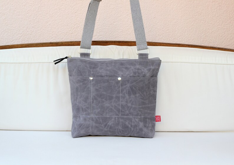 Hand Waxed Crossbody Tote Bag Casual Handmade Gift Shoulder Bag Gray Top Zipper Closure Minimalist Unisex Bag Wax Cotton Canvas Weekend Bag