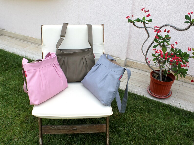 Small Pleated Canvas Crossbody Bag, Zipper Closure, Organic Cotton Fabric Purse, Shoulder Bag, Sling Hobo Bag, Simple Minimalist Bag