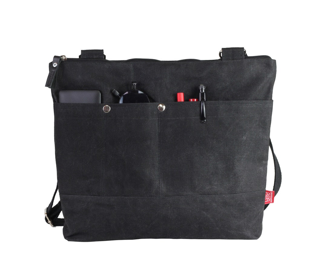 Black Waxed Canvas Crossbody Bag for Women and Men Zip Tote Multi Pockets Bag Rugged Tote Bag