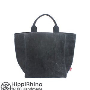 Black Hand-Waxed Canvas Tote Bag Large Grocery Market Bag Rugged Work Short Handles Eco-Friendly Reusable Bag Farmers Picnic Garden Foldable