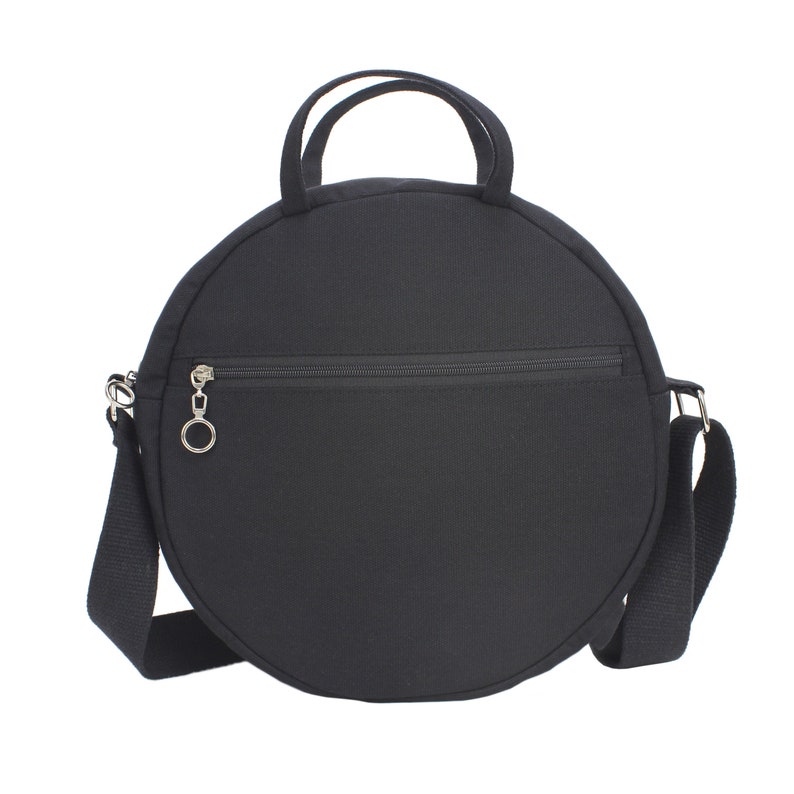 Round Bag Crossbody Black Bag Women Circle Canvas Cotton Medium Mini Size Zipper Pocket Vegan Washable Purse Long Adjustable Strap Handbag image 1