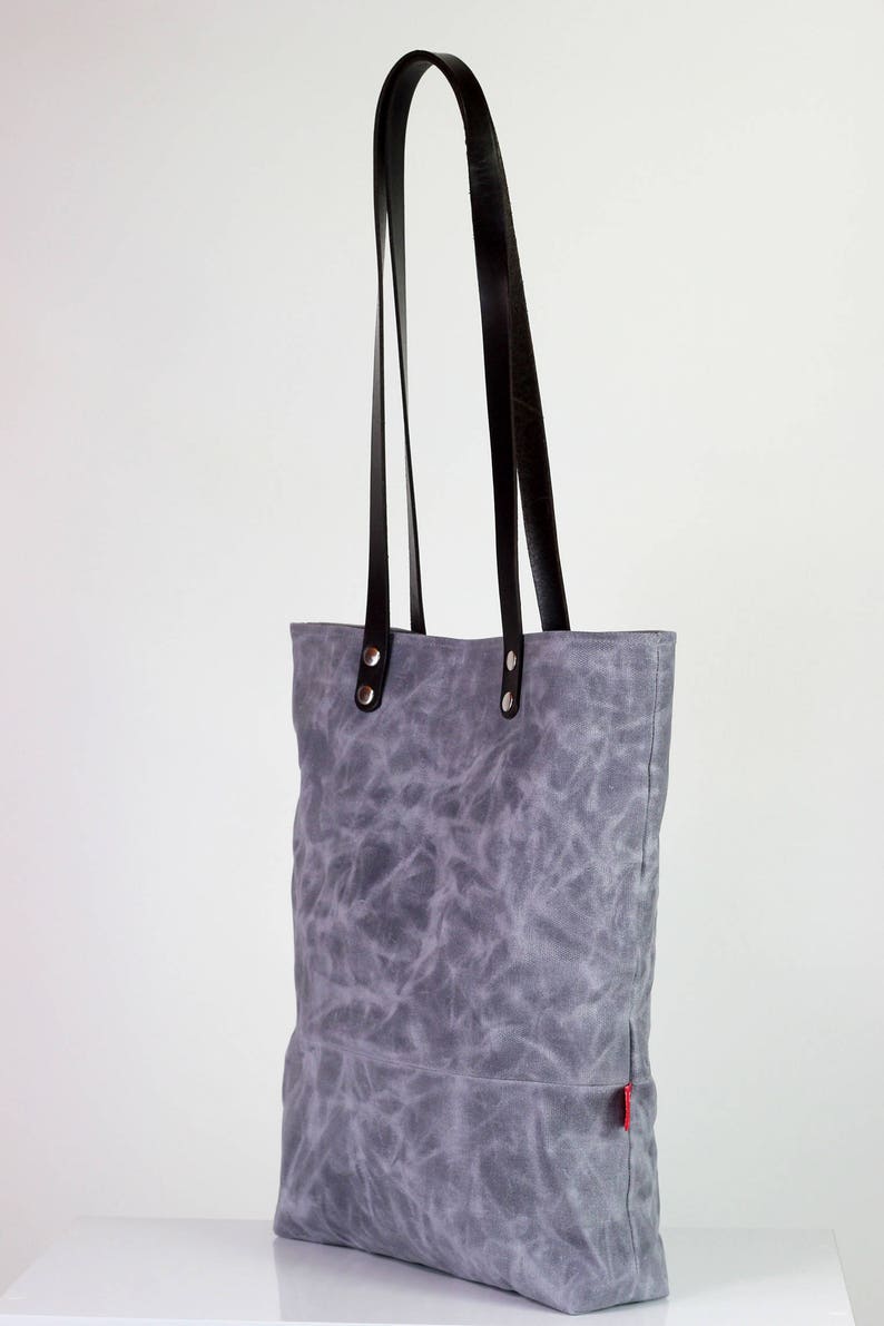 Light gray waxed canvas tote bag with leather strap shoulder Etsy