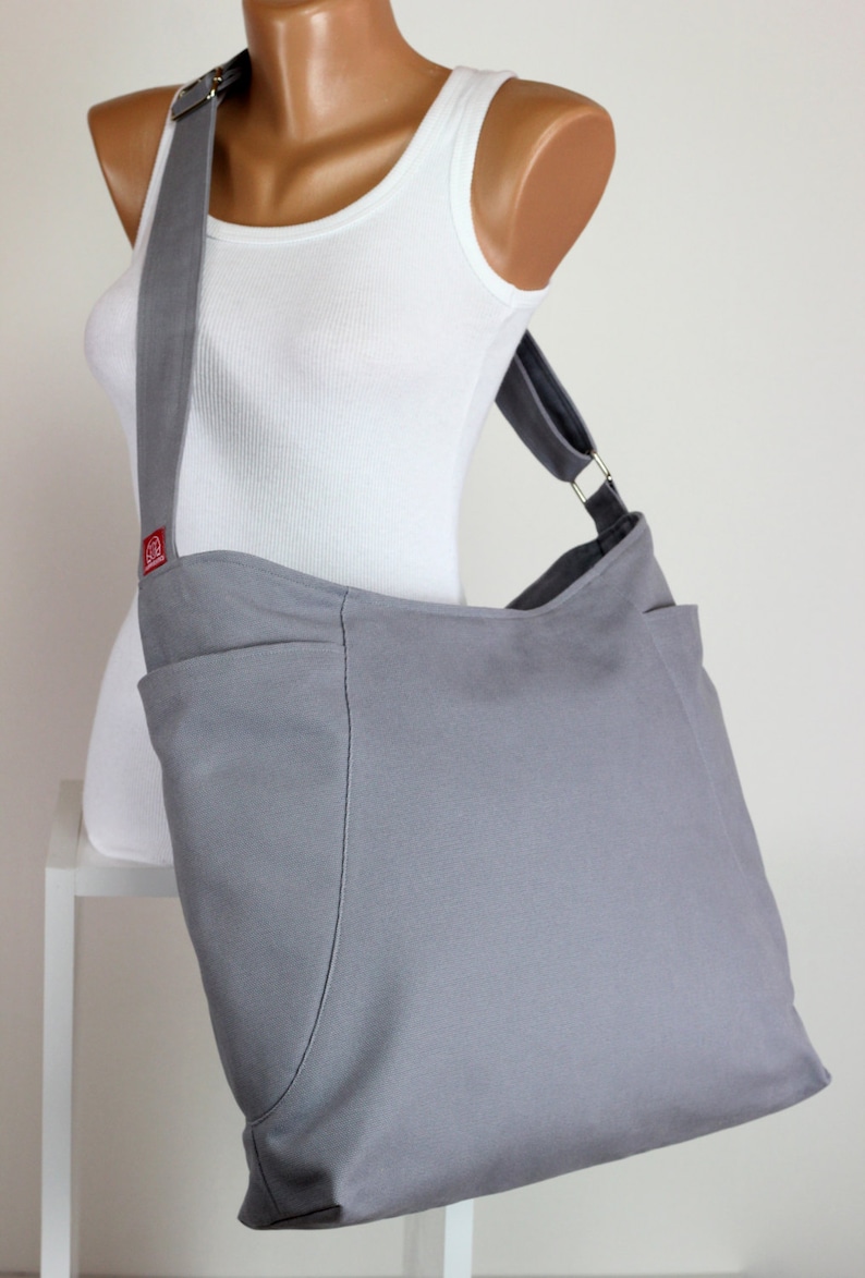 Light Gray Hobo Bag Two Big Pocket Large Bag Long Strap Canvas Etsy