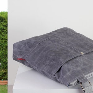 Hand Waxed Crossbody Tote Bag Casual Handmade Gift Shoulder Bag Gray Top Zipper Closure Minimalist Unisex Bag Wax Cotton Canvas Weekend Bag
