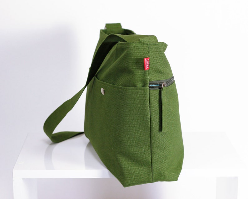 Green Messenger Large Canvas Bag Outer Zip Pocket Unisex Etsy