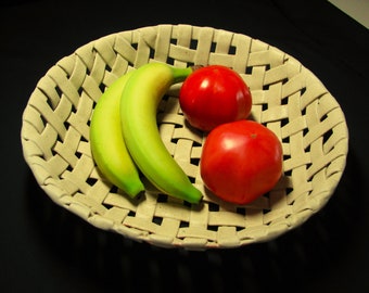 Woven Ceramic Basket: Earth Tone Pottery Fruit Bowl (12.5"x 3")