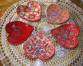 Handmade Ceramic Valentine Heart Trinket Dish: Red Lace Jewelry Holder