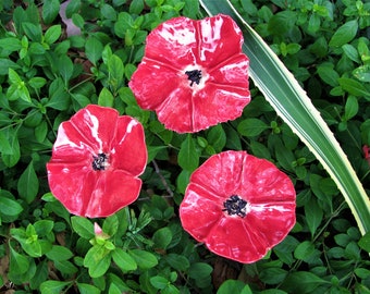 3 Red ceramic flowers /garden art/red poppies/artistic garden decore/outdoor decore, pottery poppies, artsy garden fun decore,