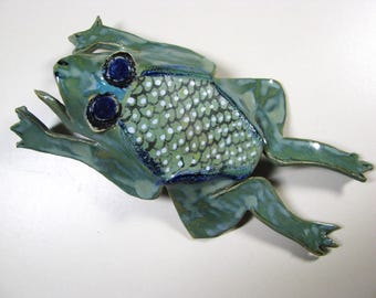 Glazed Ceramic Garden Frog:  GreenDotted Pottery Yard Art