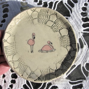 Flamingo on Handcrafted Pottery Ring Dish: Lace Imprint Jewelry Tray