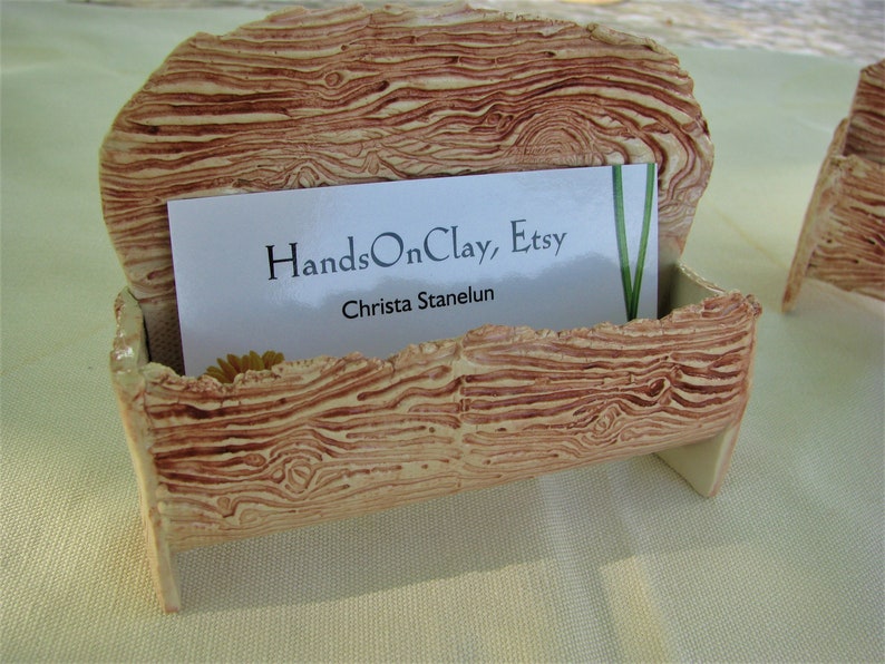 Business Card Holder Desk Accessory Woman Storage Wood Look Office Gift Ceramic Unique
