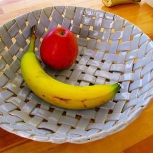 Handmade Woven Stoneware Basket: Lavender Blue Fruit Bowl (11x3)