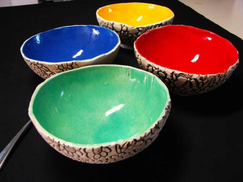 Handmade Colorful Ceramic Bowl Set: Lace Patterned Salad Bowls - Etsy