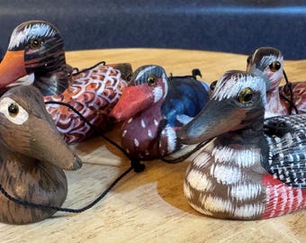 6 Vintage Wooden Mallard Duck Hand Painted, Handmade Ornaments
