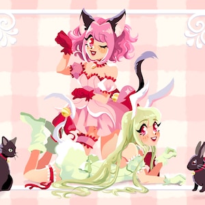 Op de afbeelding: Twee anime-meisjes gekleed in roze en groene jurken met katten- en konijnenoren. Het meisje in roze heeft een zwarte kattenstaart en het meisje in groen heeft witte konijnenoren. Beide meisjes hebben rode strikken en houden rode handschoenen vast. Er is een zwarte kat en een zwart konijn op de achtergrond.