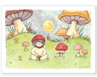 Mushroom Sprites Illustration - Archival Watercolor 5x7 Art Print