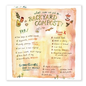 May include: A colorful illustrated guide to what can and cannot be added to a backyard compost bin. The guide is divided into three sections: "Yes", "Non", and "Sometimes (not too much)".  The "Yes" section includes items like tea bags, eggshells, and wood prunings. The "Non" section includes items like cooked foods, meat, dairy, and grains. The "Sometimes" section includes items like paper, cardboard, citrus peels, and fallen leaves.