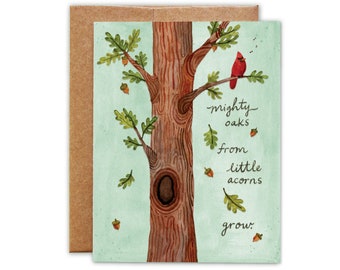 Mighty Oak Tree Watercolor Illustration - Greeting Card - Blank Card with Envelope