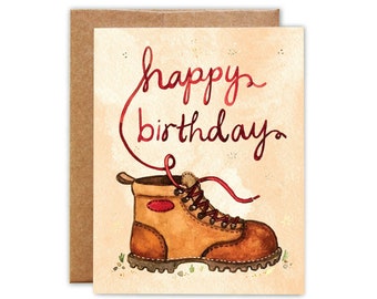 Happy Birthday Hiking Boot - Watercolor Greeting Card - Blank Card with Envelope