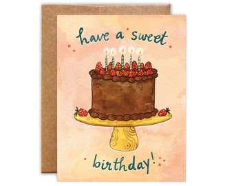 Have a Sweet Birthday! - Chocolate Cake with Strawberries - Watercolor Greeting Card - Blank Card with Envelope