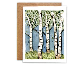 May include: Watercolor painting of a grove of birch trees with white bark and green leaves against a blue background. The trees are depicted in a stylized, whimsical manner.