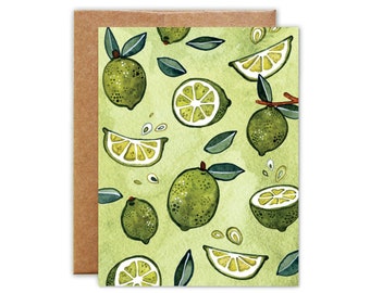 Limes - Citrus Illustration - Watercolor Greeting Card - Blank Card with Envelope