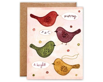 Merry and Bright Birds - Holiday Watercolor Greeting Card - Blank Card with Envelope