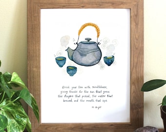 Mindful Tea Poem - Tea Meditation and Gratitude Practice - Archival Watercolor Art Print - 8x8 or 8x10 or 11x14