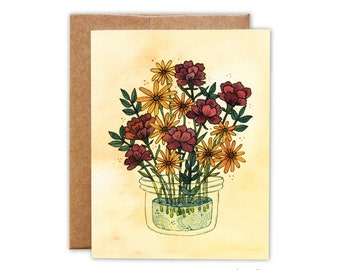 Daisy and Carnation Bouquet - Watercolor Greeting Card - Blank Card with Envelope