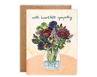 With Heartfelt Sympathy - Bouquet Illustration - Watercolor Greeting Card - Blank Card with Envelope