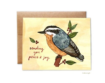 Sending You Peace and Joy - Nuthatch Holiday - Watercolor Greeting Card - Blank Card with Envelope