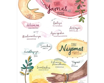 Yamas & Niyamas Yoga - Acht Glieder des Yoga - Archival Watercolor 8x10 Art Print