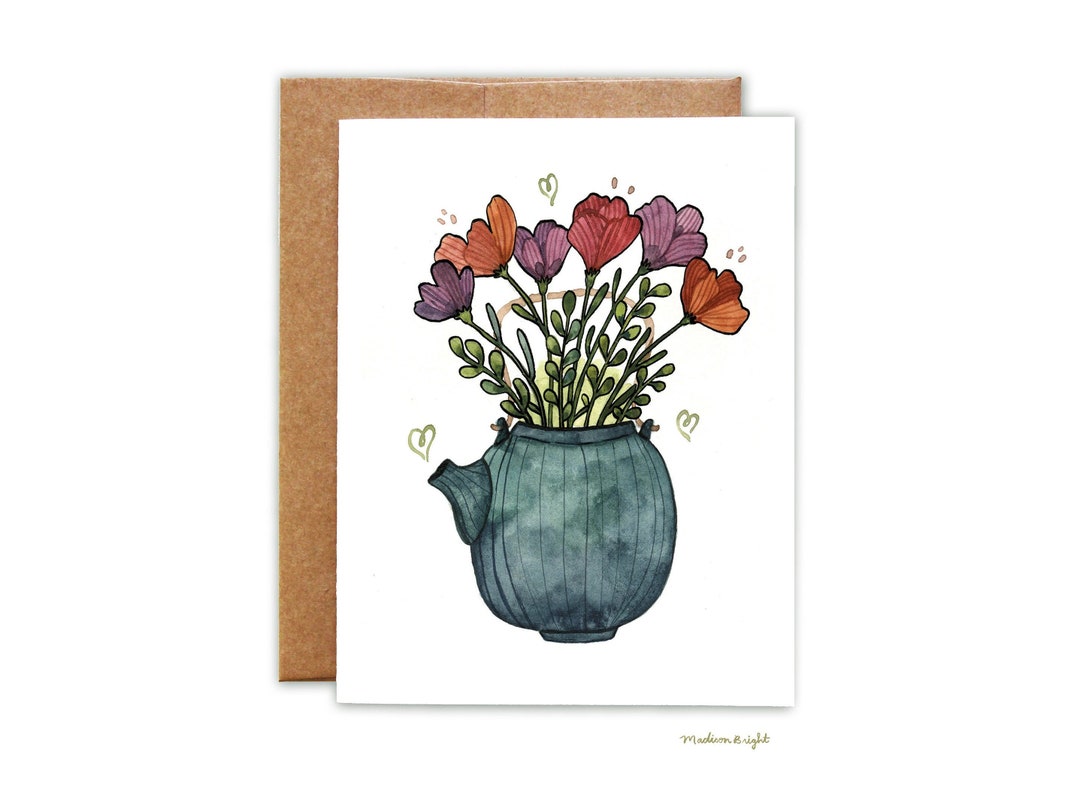 Teapot Bouquet - Watercolor Greeting Card - Blank Card With Envelope - Etsy