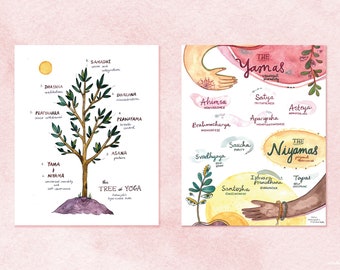 Watercolor Art Print Set: Tree of Yoga and Yamas and Niyamas - Two 8x10 Archival Prints